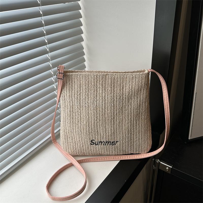 Woven Bag Women's New Large-capacity Letter Shoulder Bag Outdoor Leisure Lightweight Inclined Bucket Bag