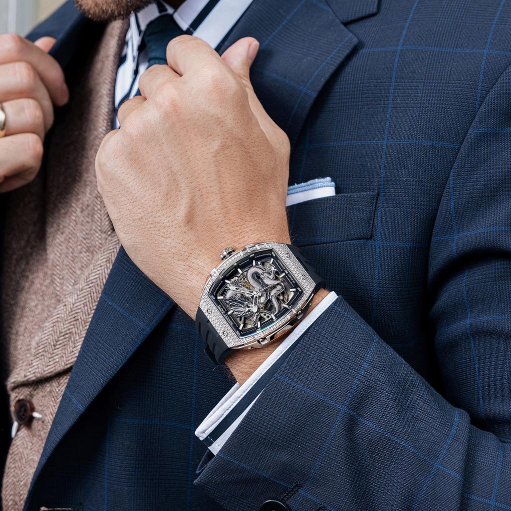 BONEST GATTI Men's Watch Fashion Mechanical Watch Stainless Steel Strap Dragon Element Wristwatch Luminous Classic Watches
