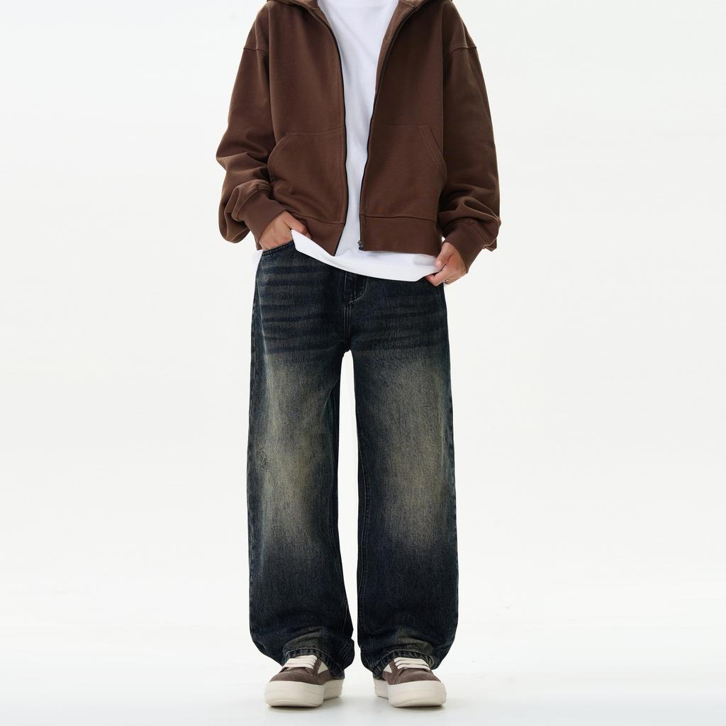 American Retro Blue and Black Washing Jeans Men's High Street Loose Straight Wide-leg Trousers