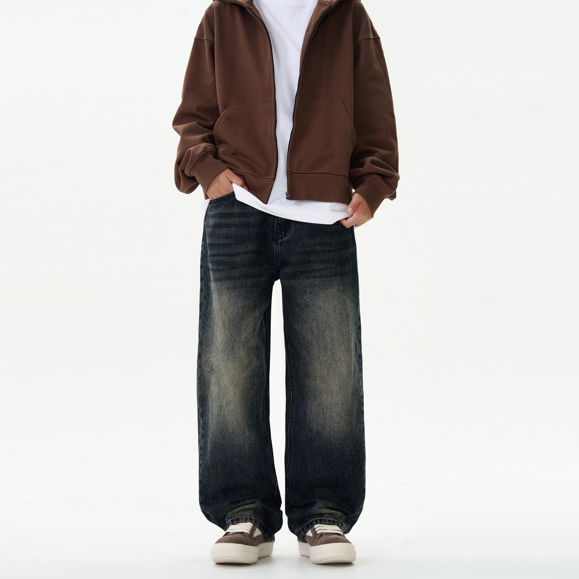 

Американский Ретро Синий и Черный Вареные Джинсы Мужские Уличные Свободные Прямые Широкие Брюки 38