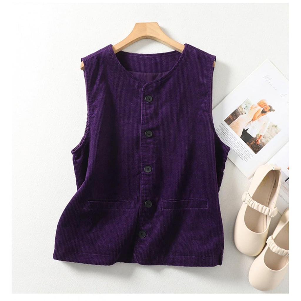 Women's  Fashion Solid Color Round Neck Sleeveless Pocket Button Vest Jacket