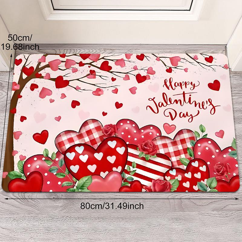 2D Flat Valentine Hearts Roses Flannel Door Mat Non Slip Romantic Love Theme Rug for Bedroom Living Room Gift Decor