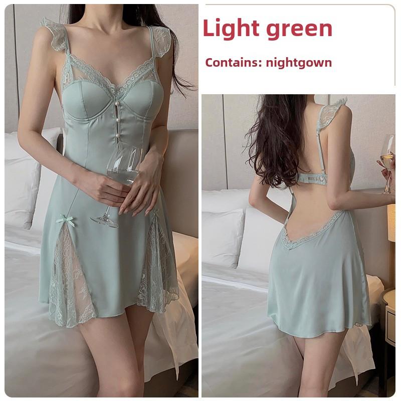Satin Splicing Lace Perspective Sexy Deep V Plus Chest Pad Suspender Nightdress Robe Home Set