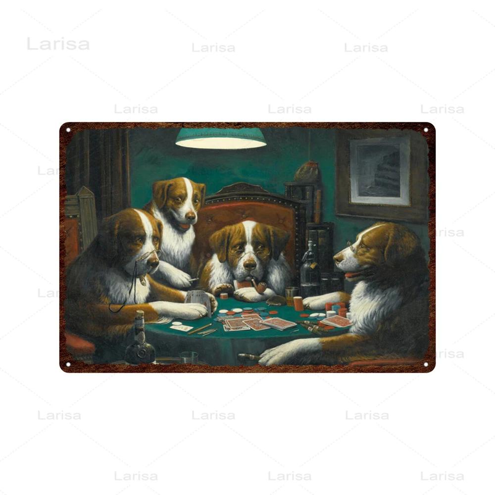 Dogs Playing Poker Game Metal Plaque Animals Playing Billiards Tin Sign Garage Club Wall Pub Tin Sign Vintage Metal Posters