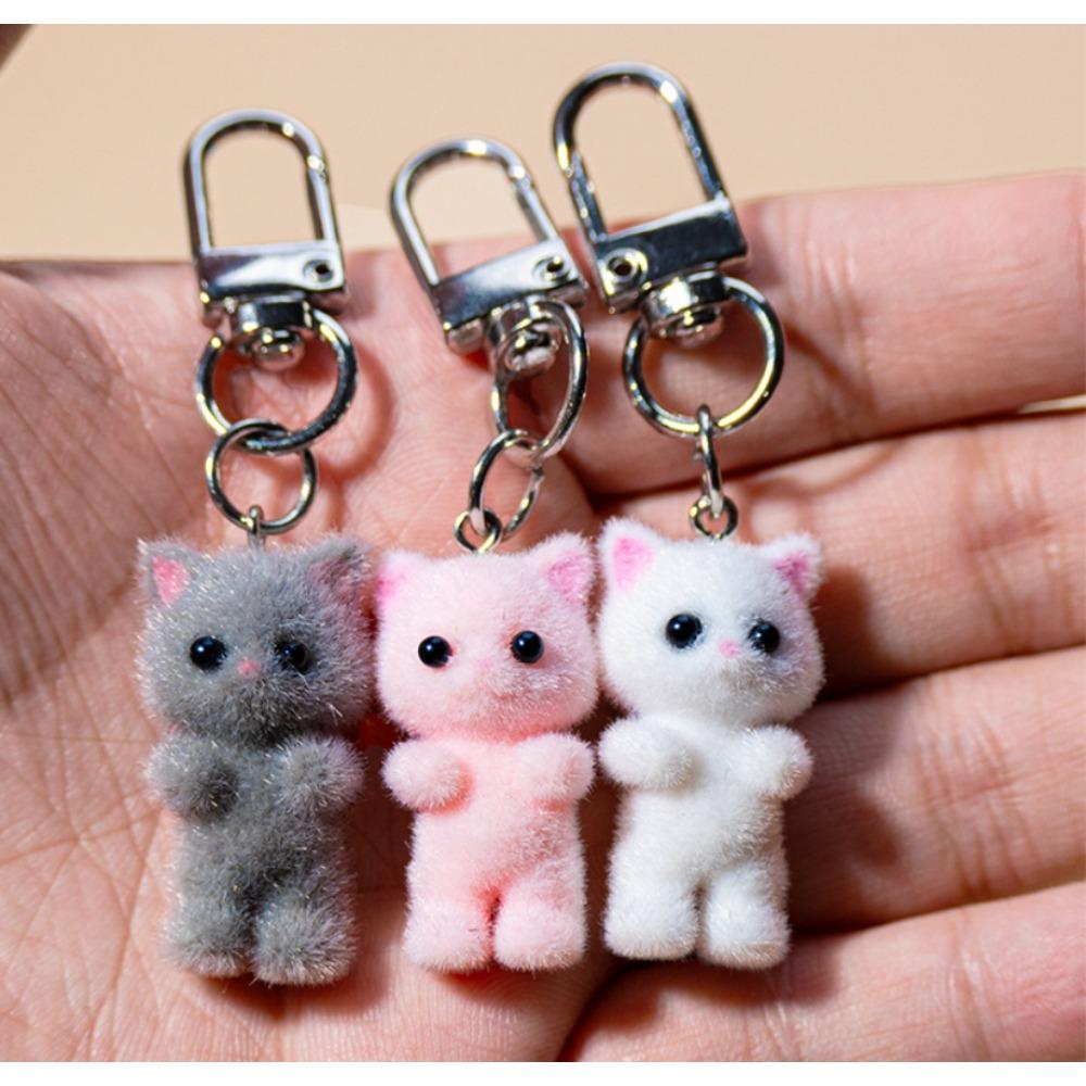 Cute 3D Flocking Kitten Keychain Simulation Animal Hobby Cartoon Doll Girl Keyring Car Bag Purse Phones Pendant Key Ring Gift
