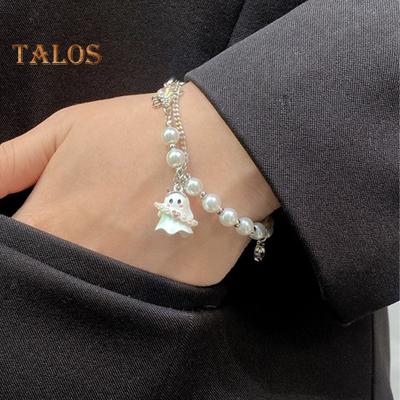 Bracciale da Donna Ciondolo Fantasma Cartone Animato Perle Finte Abbinamento Colori Regolabile con Catena Estesa Regalo di Halloween Gioiello da Polso