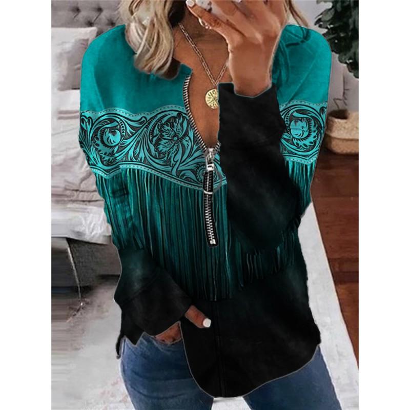 Womens Trendy Abstract Print Half-Zip Long Sleeve Hooded Sweatshirt Streetwear