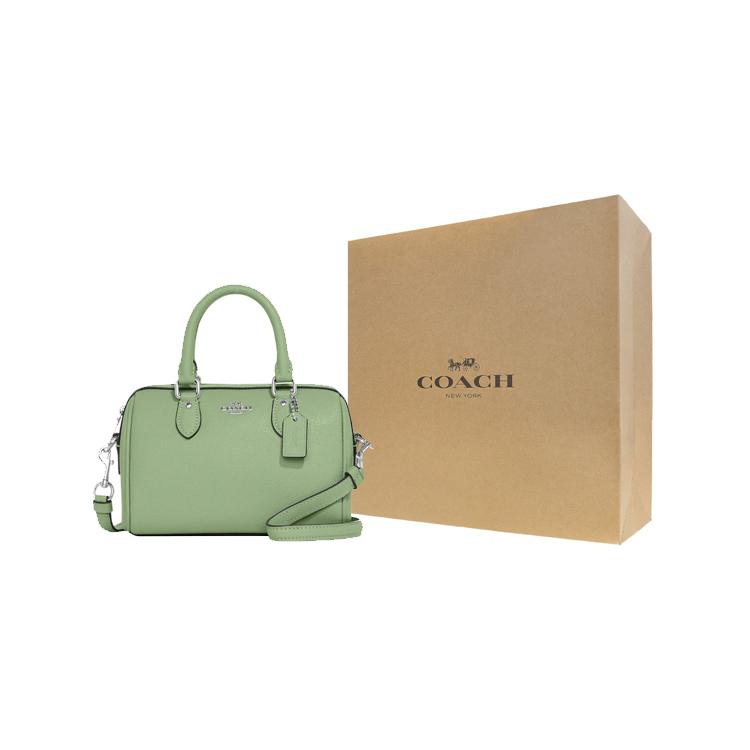 COACH Cross Grain Leather Boston Bag, Handbag, Shoulder Bag, Crossbody Bag Small Womens Azure Grass Green