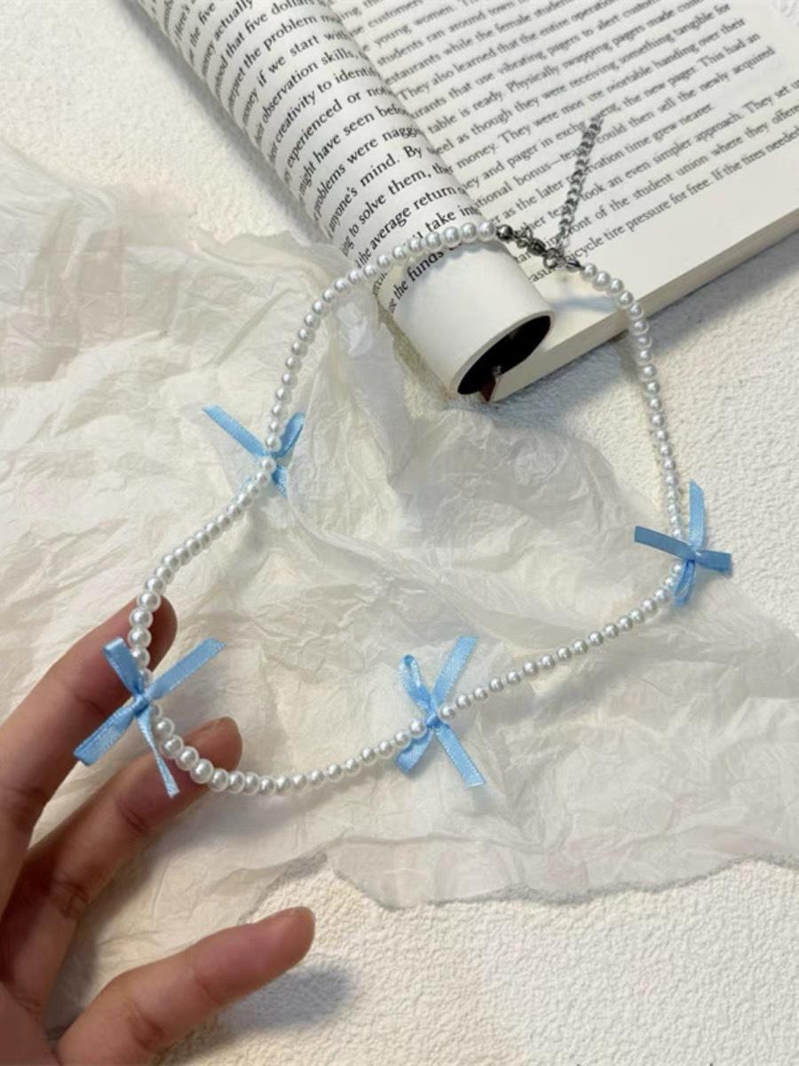 Корейский Сладкий Синий Кружевной Бант Жемчужное Ожерелье Женское Универсальное Премиум Дофаминовое Ключичное Ожерелье