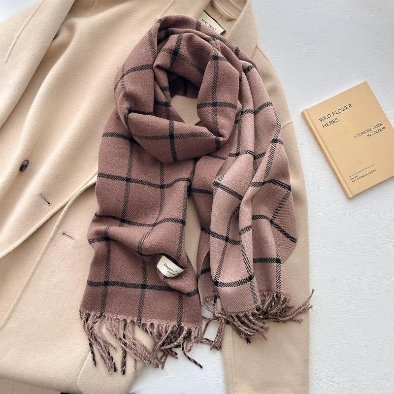 Checkered Imitation Cashmere Warm and Tassel Simple and Luxurious Style Scarf for Autumn and Winter