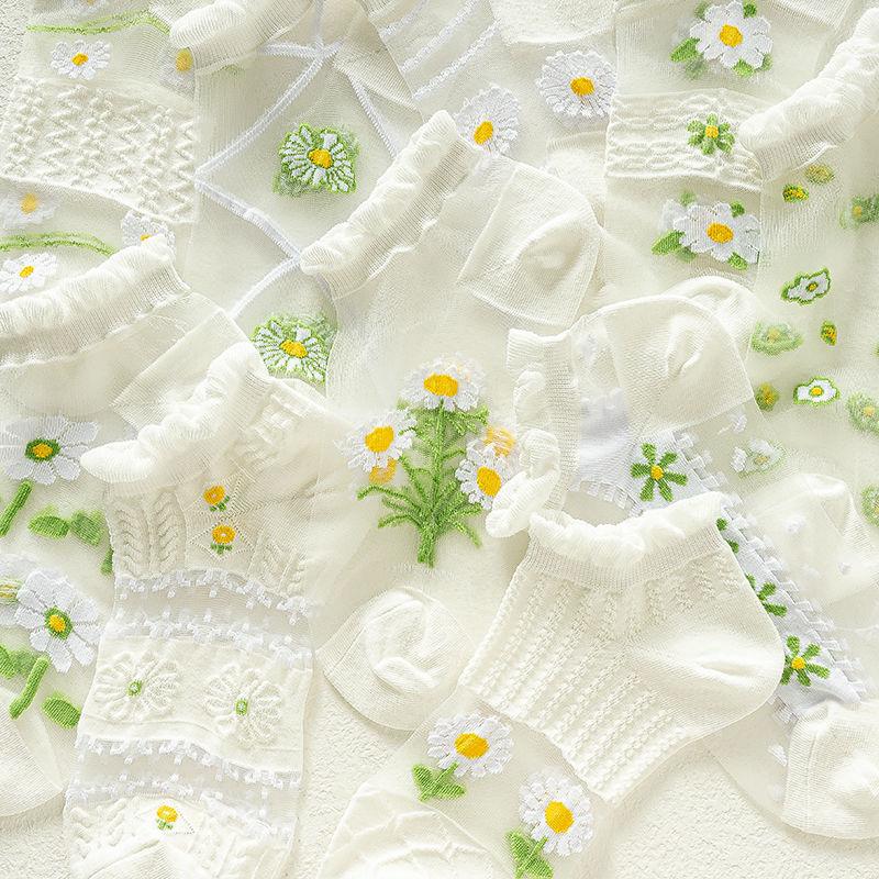 5 Pairs of Female Summer Ultra Thin Breathable Lace Hollowed Out Crystal Glass Wire Cool Boat Socks