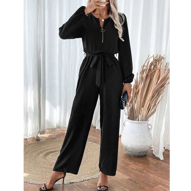 

Cross-Border European and American Women clothes Casual Long sleeve Jumpsuit Belt Straight Pants Zip-up round Neck Jumpsuit Jumpsuit Black XXL