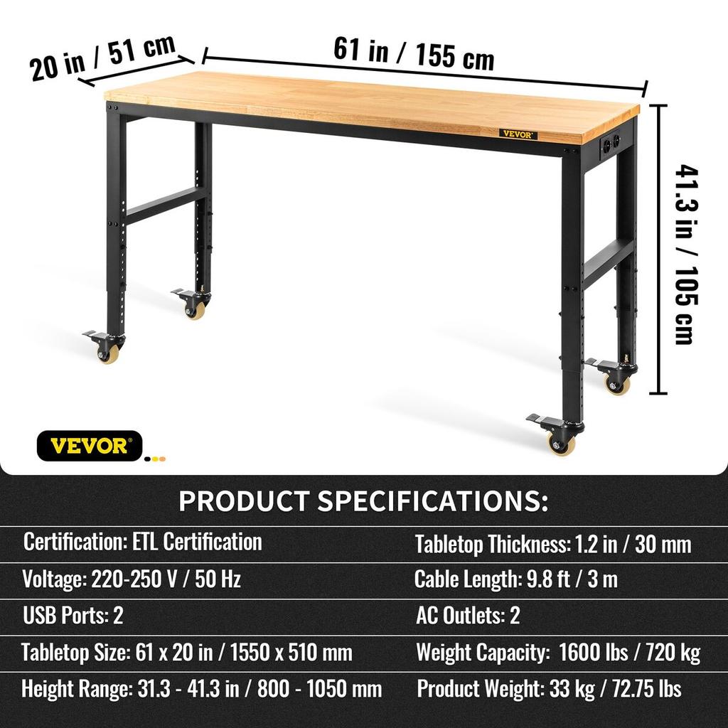 Workbench Adjustable Height, 155 x 51 cm Garage Table w/ 80 – 105 cm Heights & 720KG Capacity, with Power Outlets & Hardwood Top & Metal Frame &