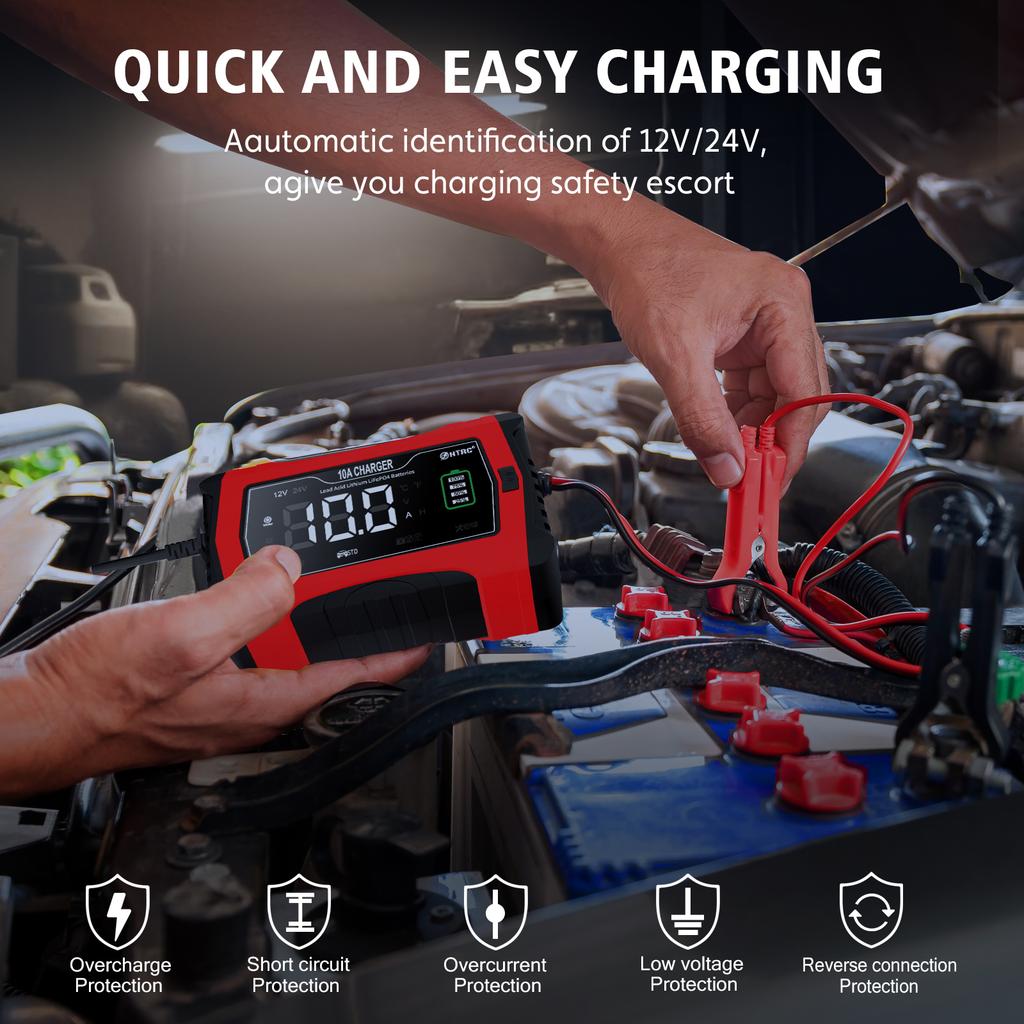 12V 24V 10A Automatické nabíjanie pre lítiové LiFePO4 AGM GEL olovené batérie Nabíjačka pre motocykle 7-stupňová nabíjačka autobatérií