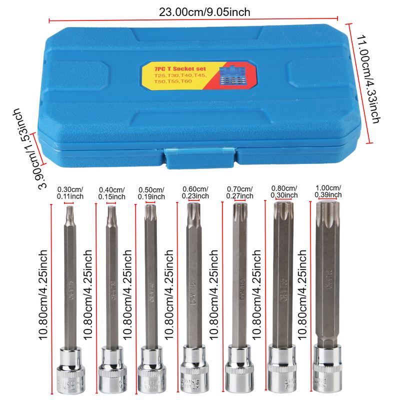 T25, T30, T40, T45, T50, T55, T60 Velikost 3/8palce Pohon Extra Dlouhé Chrom-Vanadiová Ocel Torx Hvězdicové Bity Nástrčné Klíče Sada 7 ks