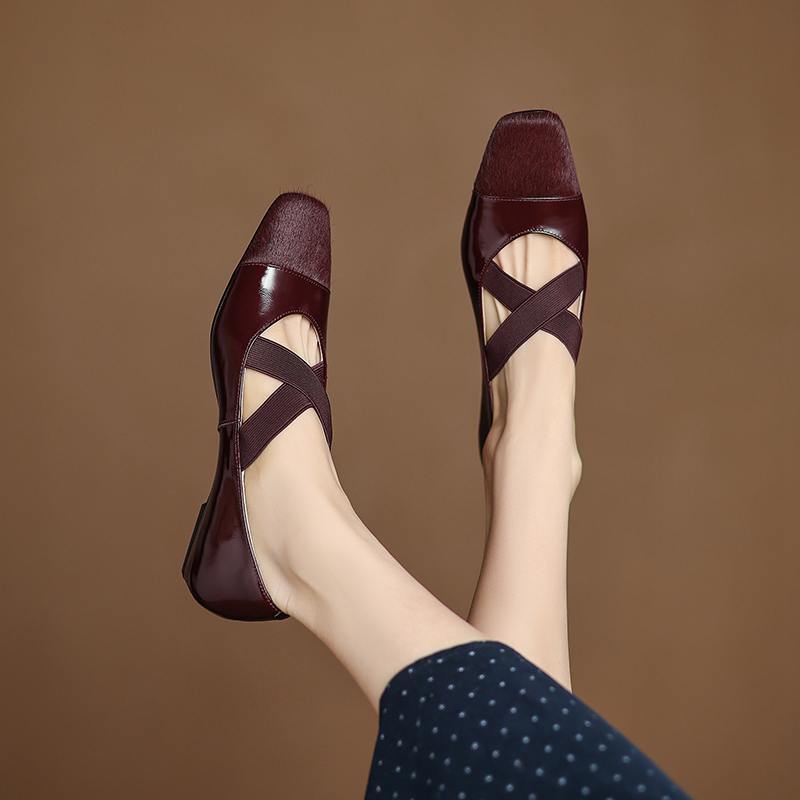 Krazing Pot Cow Skin Spring Summer Size 41 Horsehair Thick Low Heels Women Square Toe Basic Clothing Shallow Pumps