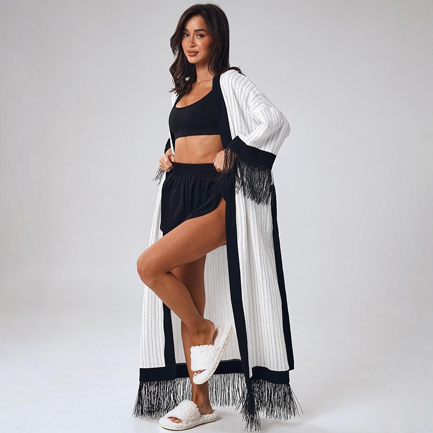 Comfortable and breathable pure cotton pajamas women's summer long-sleeved spliced fringed pajamas bathrobes loose women's loungewear