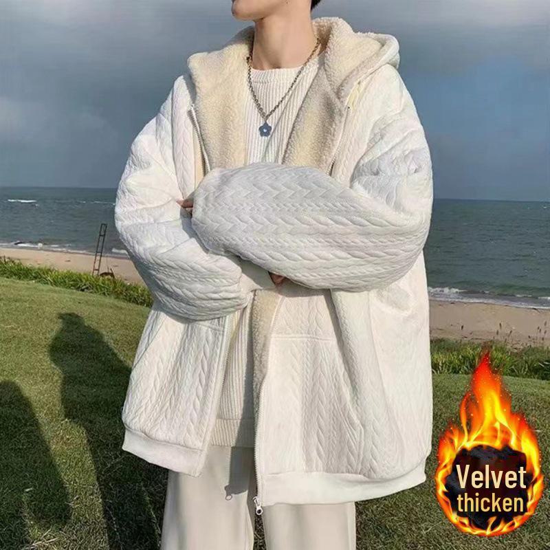 2023 Men's Hong Kong Fashion Lambskin Jacket - Thickened Winter Cardigan with Velvet, Hooded Sweater