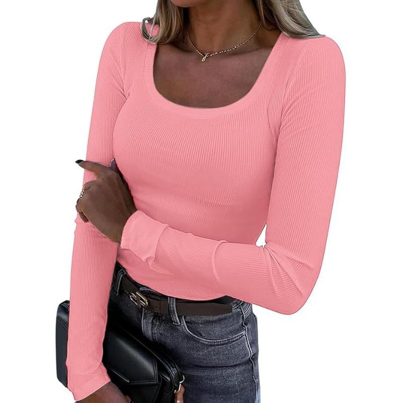 

New Threaded Pit Strip Slim Long Sleeve Square Neck Women s Shirt XL світло-рожевий колір