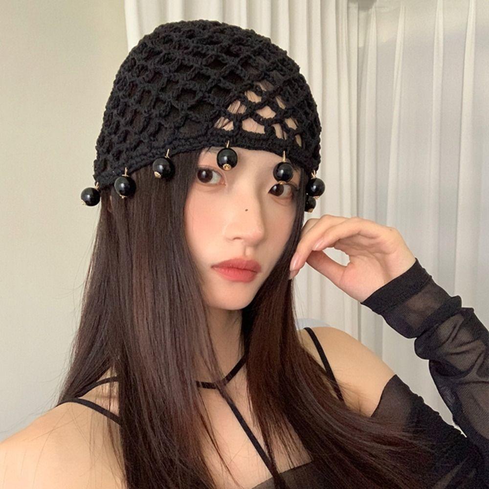 Round Beads Crochet Hollow Tassels Knitted Hat Hollow Out Ethnic Style Hat Knit Beanies  Girls