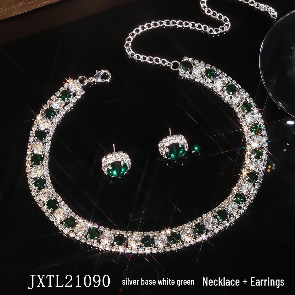 European & American Green Blue Choker Necklace & Stud Earrings Set for Women - Ideal for Weddings & Evening Dresses