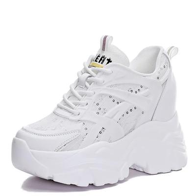10cm Pizzo Traspirante Paillettes Vera Pelle Piattaforma Zeppa Chunky Sneaker HighCasual Estate Bling Scarpe Donna SpedizioneGratuita