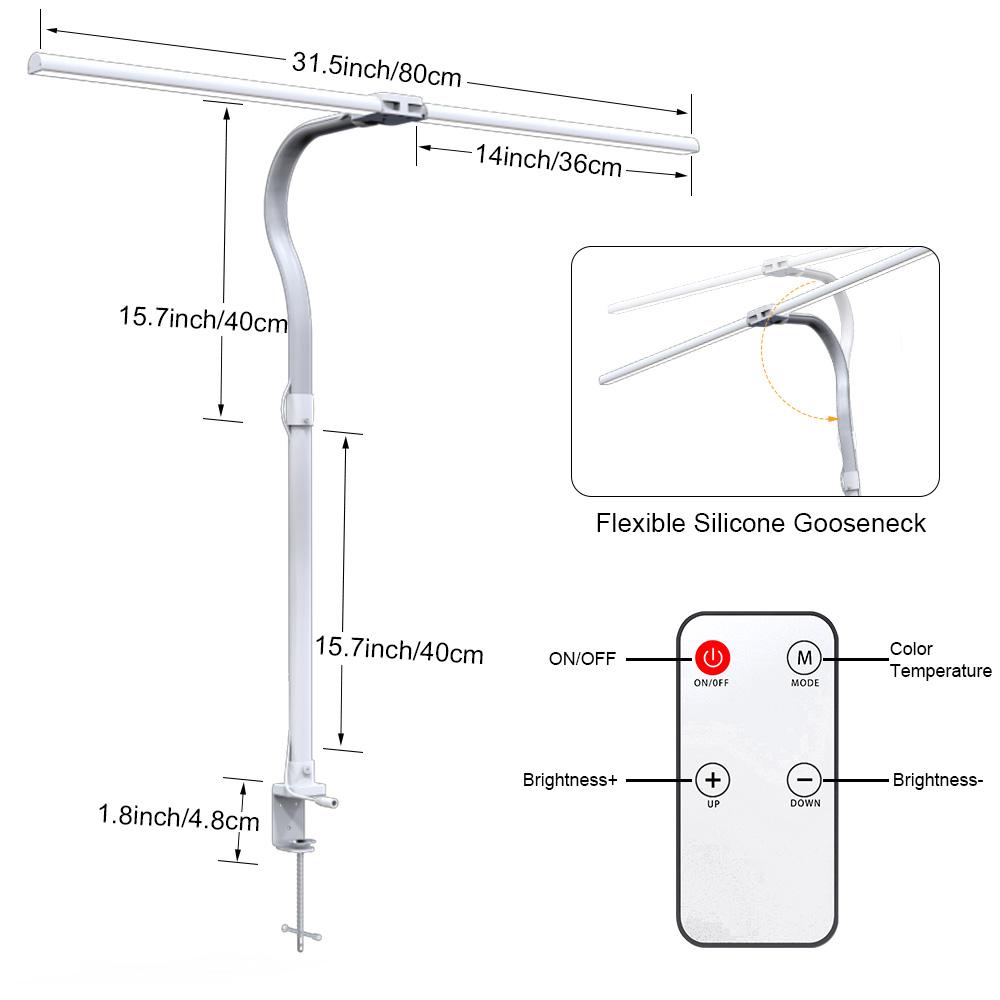 24W LED Double Head Swing Arm Desk Architect Lamp Dimmable 360° Gooseneck Lamp Reading Table Light with Remote Control Clip