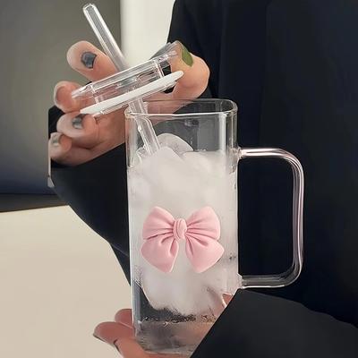 Versatile High Temperature Resistant Matcha Glass With Lids Capacity Bow Cups Glass Straw Cups for Making Coffee