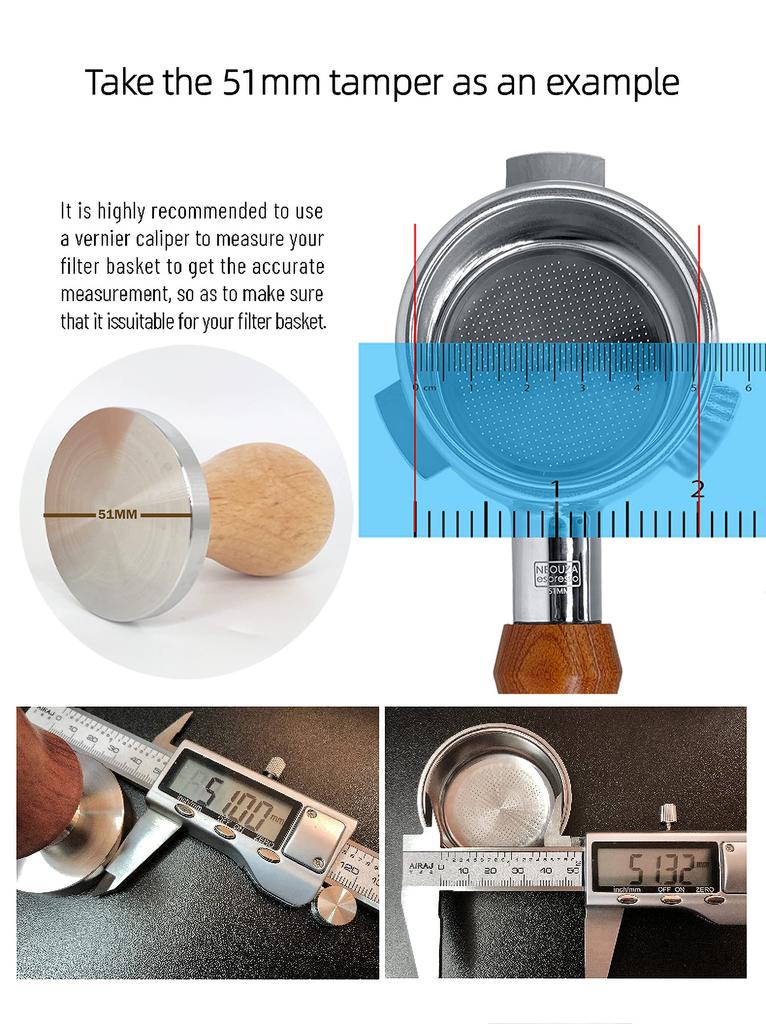 NEOUZA Espresso Coffee Tamper 58mm Flat Base Chrome Plated 304 Stainless Steel Wooden Handle Barista Bean Powder Press Fits E61 Group Machines