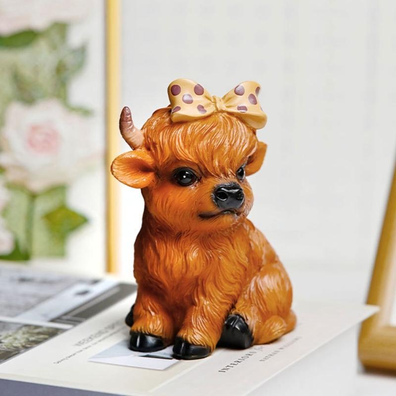 Niedlicher Hochlandrind-Kalb Harzfigur mit detaillierter Schleife Miniatur Heimdeko Statue für Bauernhaus Etagen-Tablett