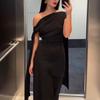 Women's One Shoulder Short Sleeve Maxi Dress Slim Fit High Waist Elegant Solid Color Evening Midi Dress