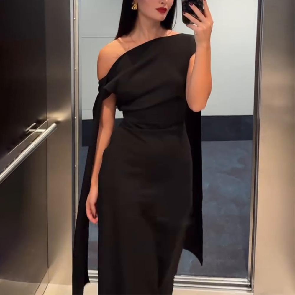 Women's One Shoulder Short Sleeve Maxi Dress Slim Fit High Waist Elegant Solid Color Evening Midi Dress