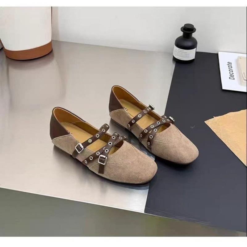 Retro caramel Mary Jane shoes women's flat summer new double buckle with matte light mouth single shoes