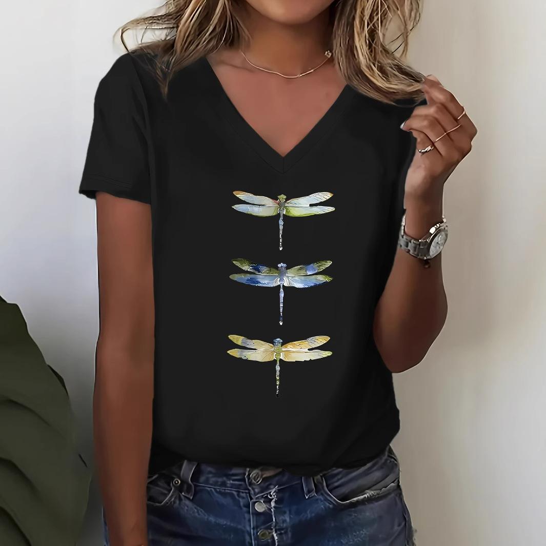 

Летний топ с V-образным вырезом и принтом 3D стрекозы, модная повседневная женская футболка с коротким рукавом 5XL