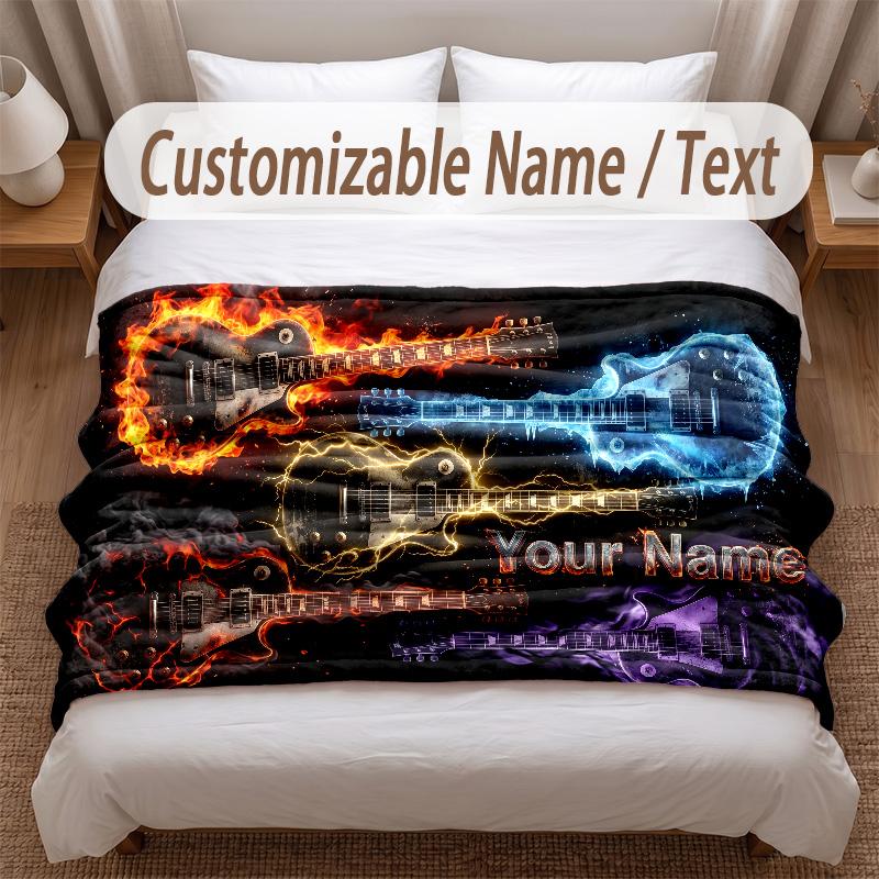 Music Guitar Theme Soft Blanket Personalized Custom Name Text Print Warm Blanket Home Sofa Bedroom Decor