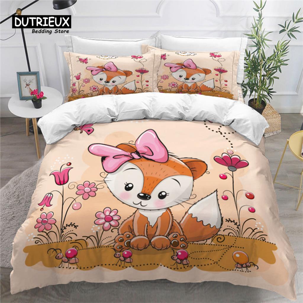 Kids Cartoon Fox Duvet Cover Microfiber Bedding Set Lovely Animal Theme Comforter Cover King For Kids Adults Girls Bedroom Decor