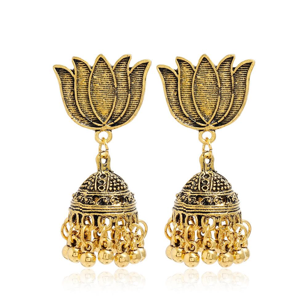 Bohemian Ethnic Carved Retro Pattern Creative Bell Earrings, Exaggerated Personality Ethnic Style Earrings