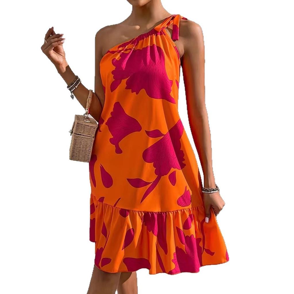 Summer new holiday style floral print shoulder ruffle edge dress women's, large size thin seaside holiday dress