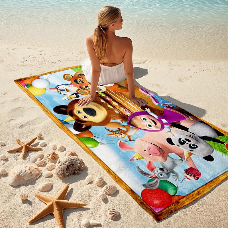 Fairy Tale Cute Cartoon Masha and the Bear Beach Towel, Outdoor Camping Beach Towel for Vacation Swimming, Outdoor Pool, Absorbent Bath Towel, H8
