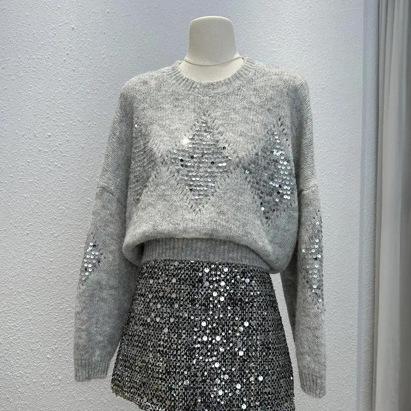 Női pulóver Ősz Tél Vastagított Pulóver Meleg Kötött Csíkos Kerek Nyakú Aláöltöző Rugalmas Hosszú Ujjú Oversize Kötött Felsők