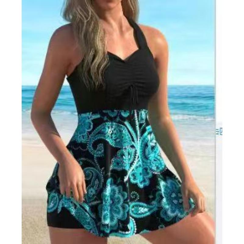 Tropical Leaf Print Tie Waist Swimdress - Modest Two Piece Swimsuit with Shorts