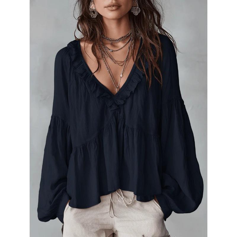 Casual Sweet V Neck Puff Sleeve Pleated Long Sleeve Women Shirt Top