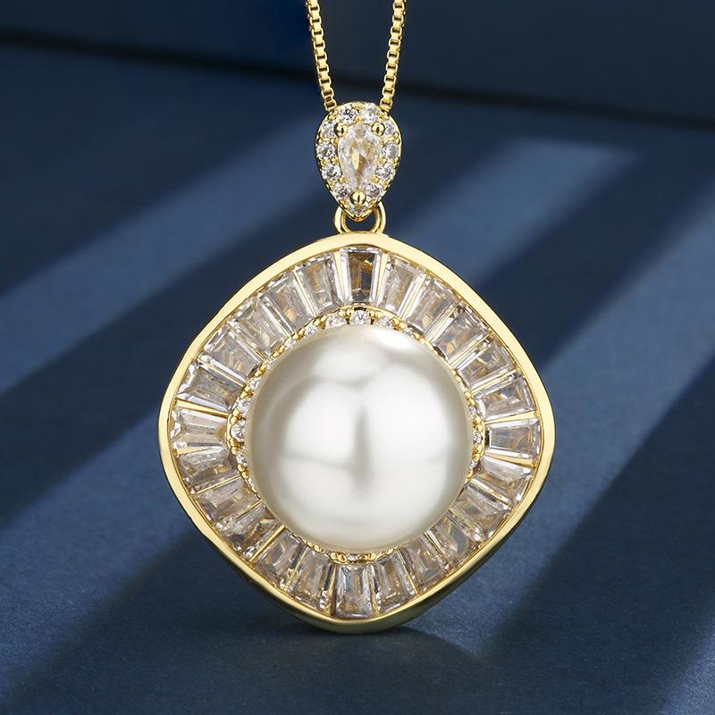 Jewelry Copper Bottom Gold-Plated Inlaid Gold White Pearl Square Temperament Set Women 16-12Mm