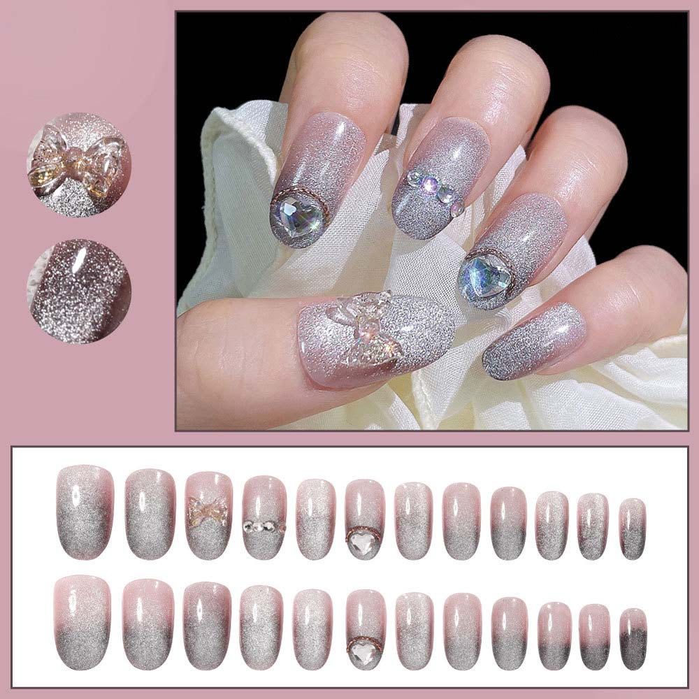 

Artificial Nails Bow Fake Nails Full Cover Fake Nails Flowers False Nails Rhinestones Nail Art Tips A02