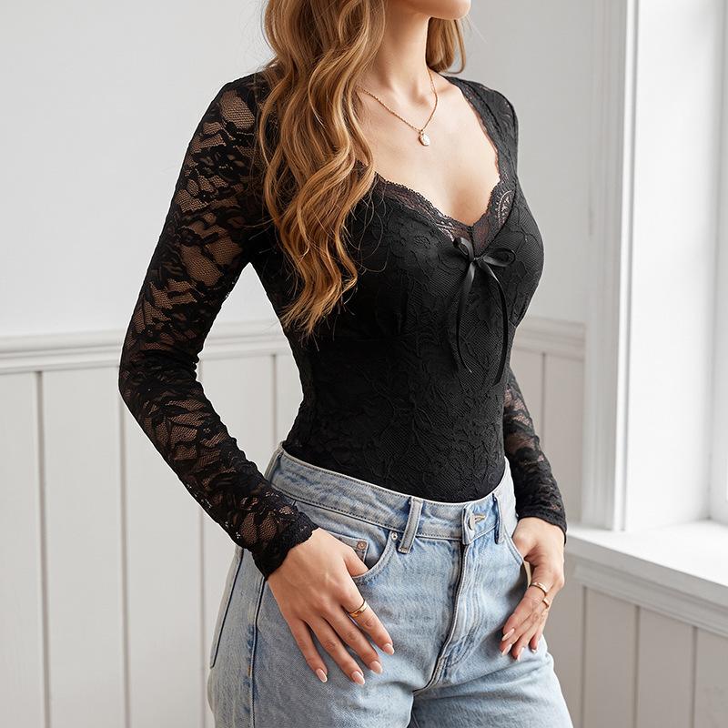 New Autumn-winter Sexy and Intense Style V-neck Bow-stringed Sheer One-piece Dress with See-through Effect
