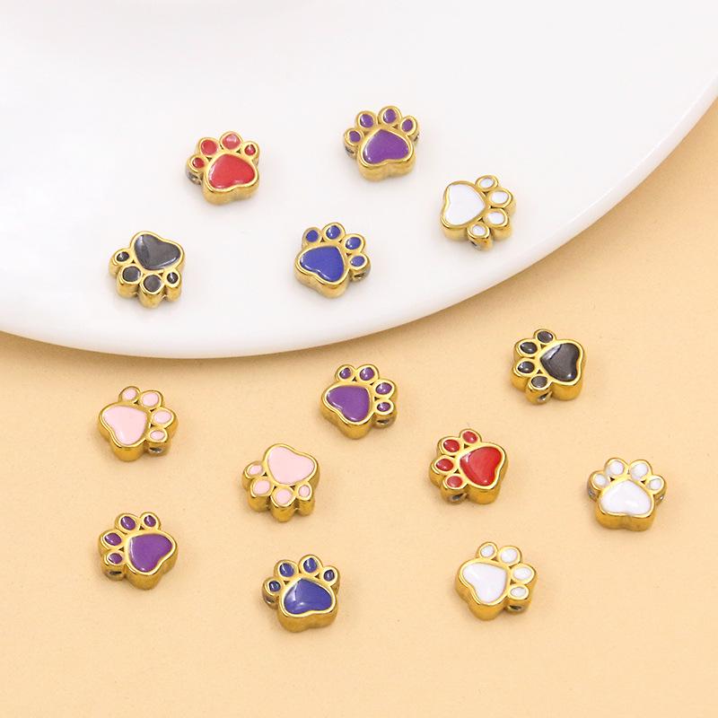 6 Colors Double-Sided Dog Paw Charms: 7x7mm Gold Enamel Stainless Steel Beads for DIY Jewelry