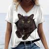 Letnie bluzki damskie z dekoltem V z nadrukiem 3D zwierząt, kota, psa, modne, codzienne, z krótkim rękawem