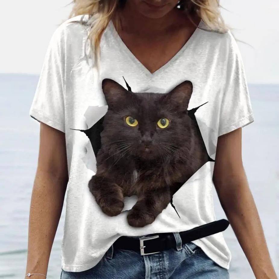 Summer V-neck 3D Animal Cat Dog Printed Top Fashionable Casual Short Sleeved Women's T-shirts