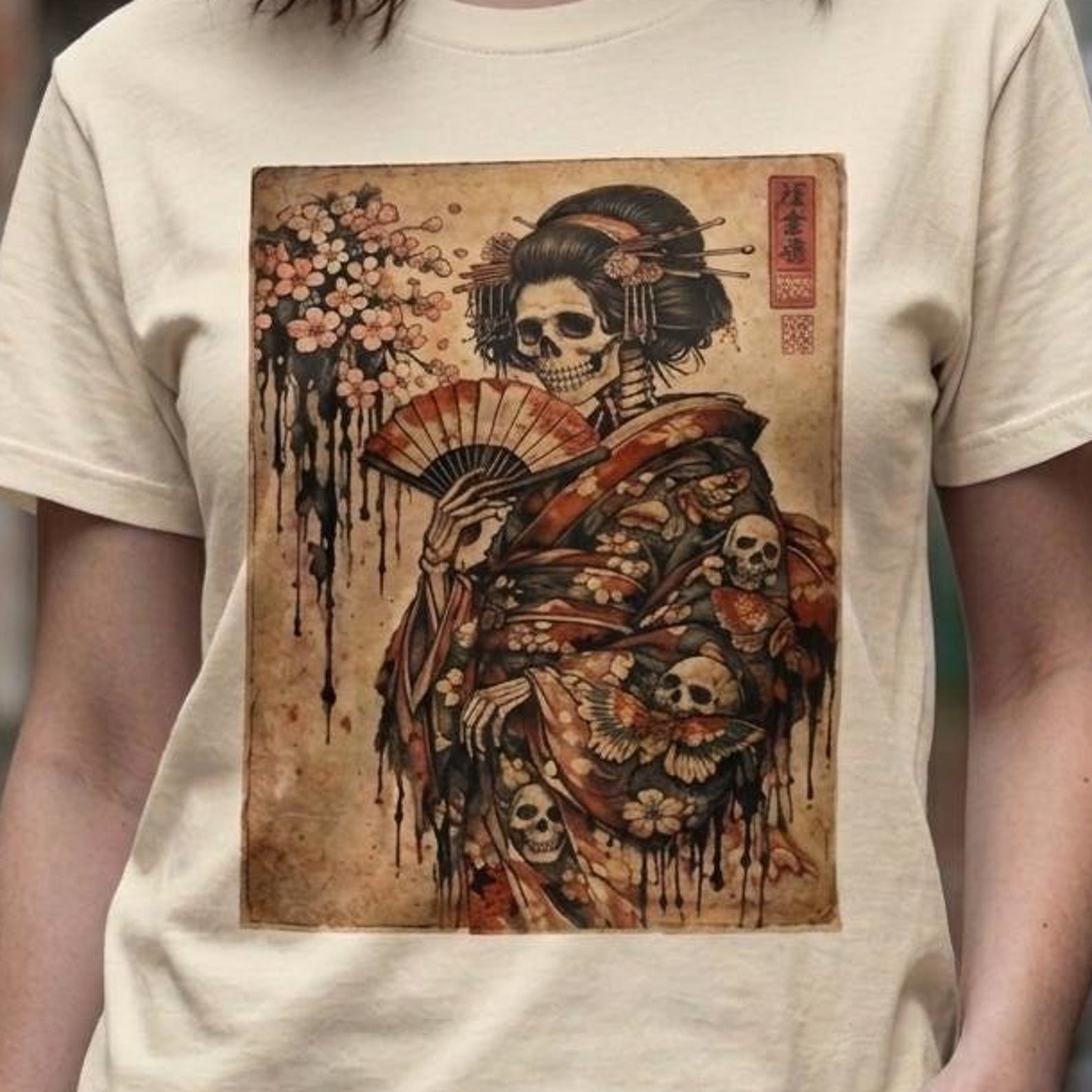 Skeleton Geisha T-Shirt, Dark Japanese Woodblock Graphic Tee, Gothic Alt Clothing XL