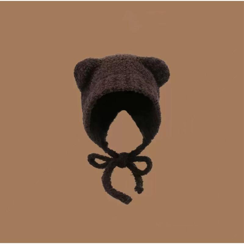 Plush Hat for Women In Winter with Bear Ears Cute Thickened Knitted Hat  Warm Ear Protection  Big Head Circumference  Bag Bag Hat
